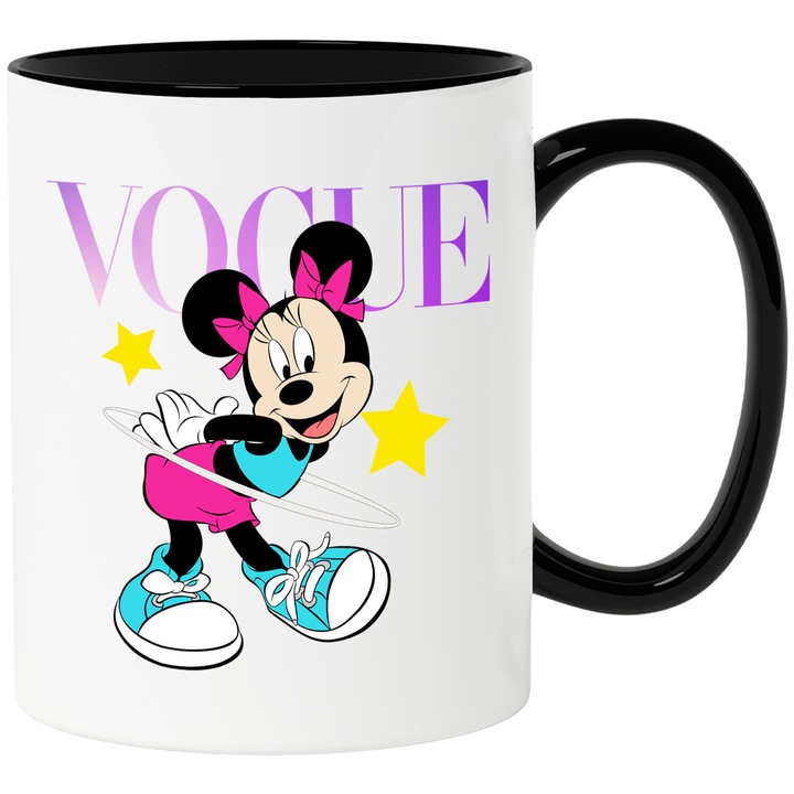 Cana Cu Mickey si Minnie, Cu Textul "Vogue" - Design 70, Ceramica, 330ML, Cu Maner si Interior Negru