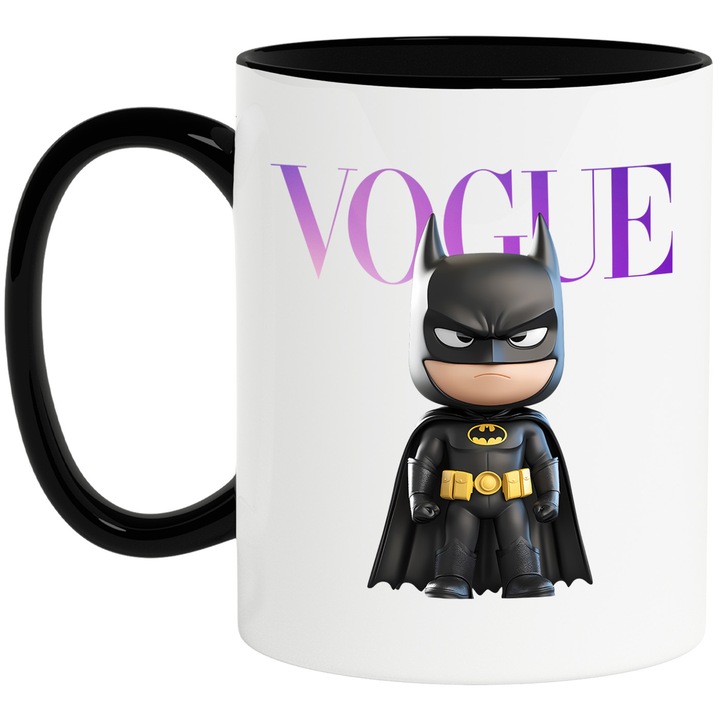 Cana Cu Batman, Cu Textul "Vogue" - Design 3, Ceramica, 330ML, Cu Maner si Interior Negru