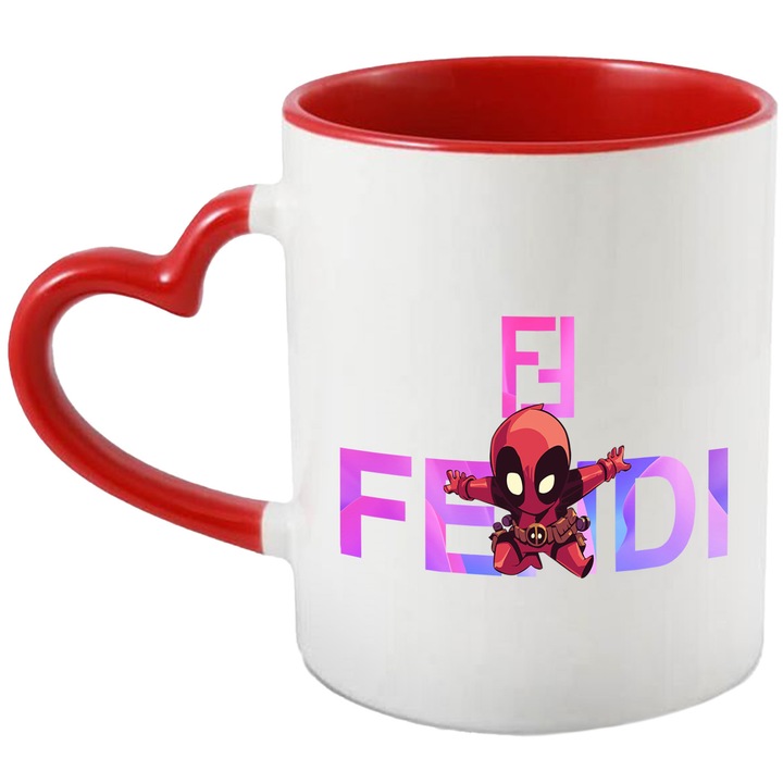 Cana Cu Deadpool, Cu Textul "Fendi" - Design 1, Ceramica, 330ML, Cu Maner Inima Rosie si Interior Rosu