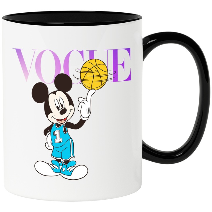 Cana Cu Mickey si Minnie, Cu Textul "Vogue" - Design 54, Ceramica, 330ML, Cu Maner si Interior Negru