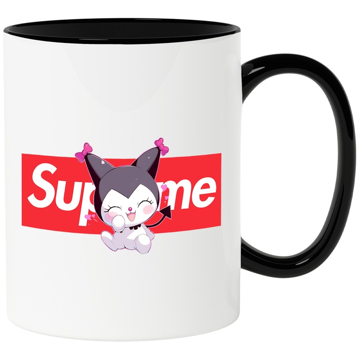 Cana Cu Korumi, Cu Textul "Supreme" - Design 8, Ceramica, 330ML, Cu Maner si Interior Negru
