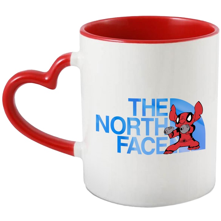 Cana Cu Stitch, Cu Textul "The North Face" - Design 15, Ceramica, 330ML, Cu Maner Inima Rosie si Interior Rosu