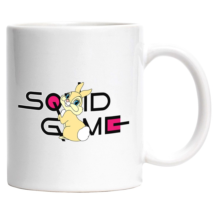 Cana Cu Bambi, Cu Textul "Squid Game" - Design 8, Ceramica, 330ML, Cu Maner si Interior Alb