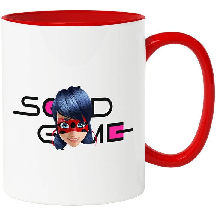 Cana Cu Lady Bug, Cu Textul "Squid Game" - Design 4, Ceramica, 330ML, Cu Maner si Interior Rosu