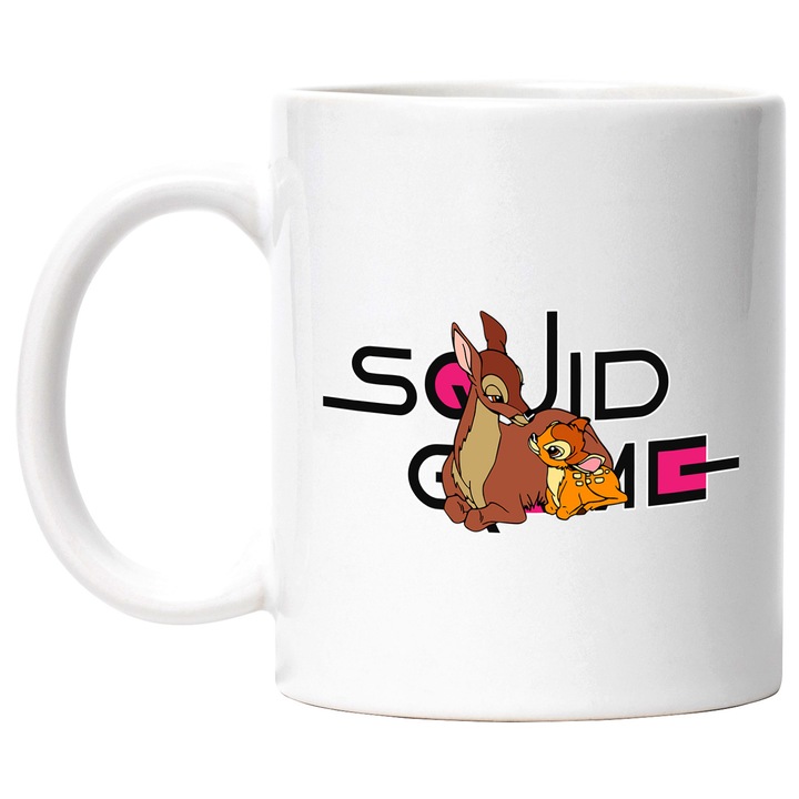Cana Cu Bambi, Cu Textul "Squid Game" - Design 1, Ceramica, 330ML, Cu Maner si Interior Alb
