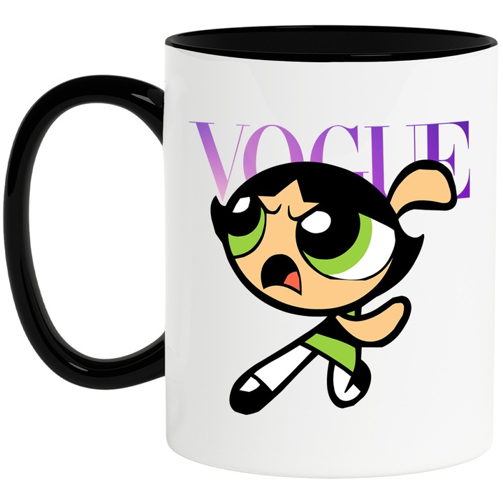 Cana Cu Fetitele Powerpuff, Cu Textul "Vogue" - Design 11, Ceramica, 330ML, Cu Maner si Interior Negru