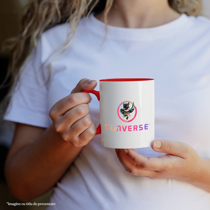 Cana Cu Batman, Cu Textul "Converse" - Design 6, Ceramica, 330ML, Cu Maner si Interior Rosu
