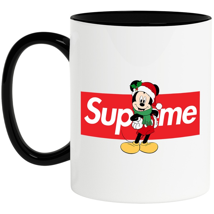 Cana Cu Mickey si Minnie, Cu Textul "Supreme" - Design 37, Ceramica, 330ML, Cu Maner si Interior Negru