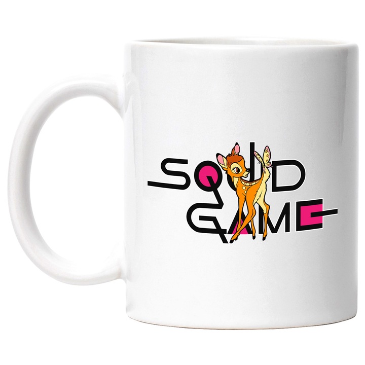 Cana Cu Bambi, Cu Textul "Squid Game" - Design 2, Ceramica, 330ML, Cu Maner si Interior Alb
