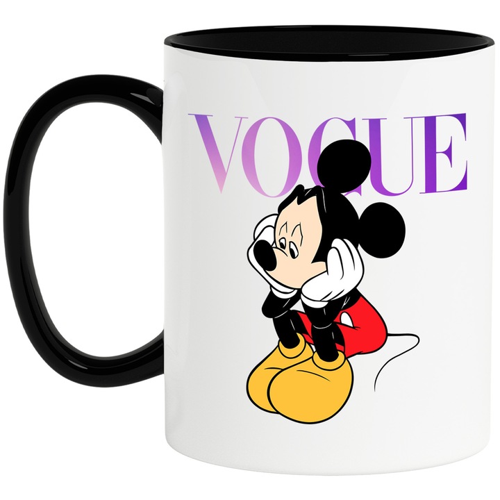Cana Cu Mickey si Minnie, Cu Textul "Vogue" - Design 30, Ceramica, 330ML, Cu Maner si Interior Negru