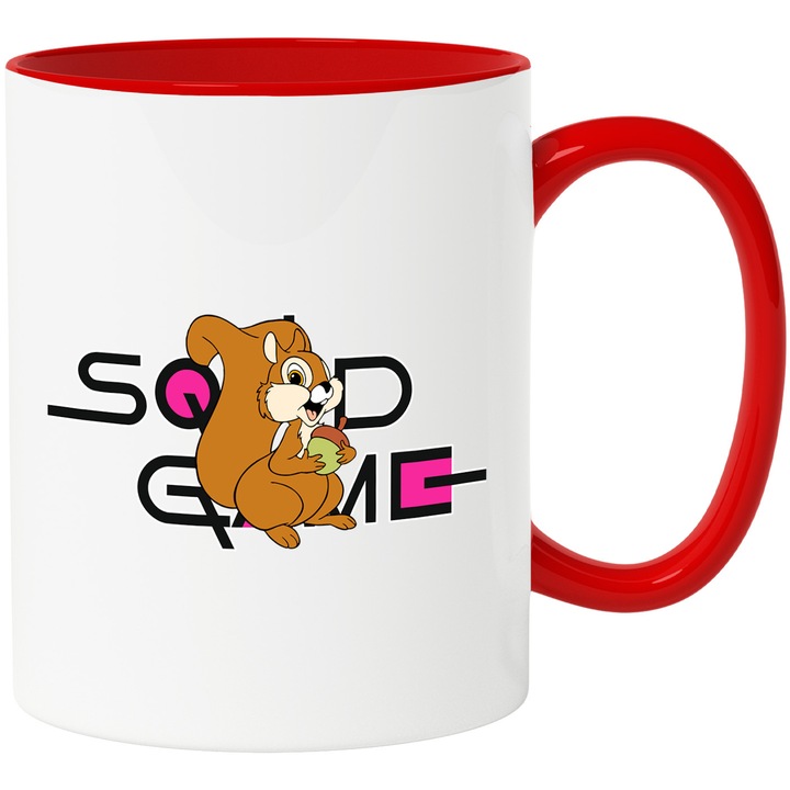 Cana Cu Bambi, Cu Textul "Squid Game" - Design 5, Ceramica, 330ML, Cu Maner si Interior Rosu