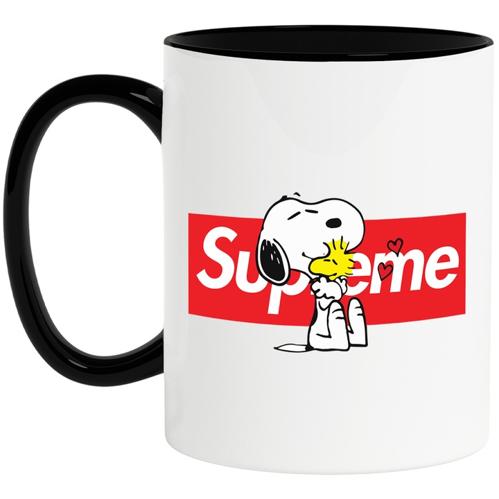 Cana Cu Snoopy, Cu Textul "Supreme" - Design 5, Ceramica, 330ML, Cu Maner si Interior Negru