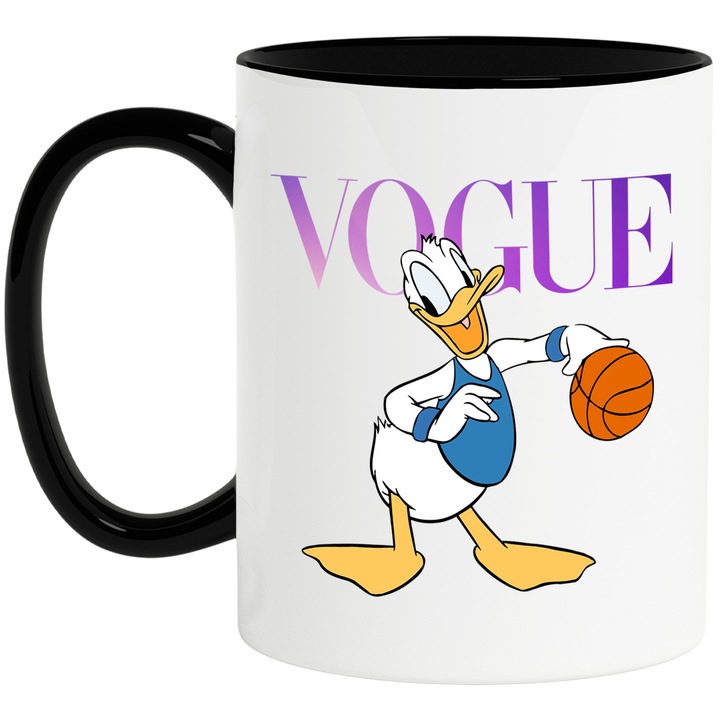 Cana Cu Donald, Cu Textul "Vogue" - Design 1, Ceramica, 330ML, Cu Maner si Interior Negru