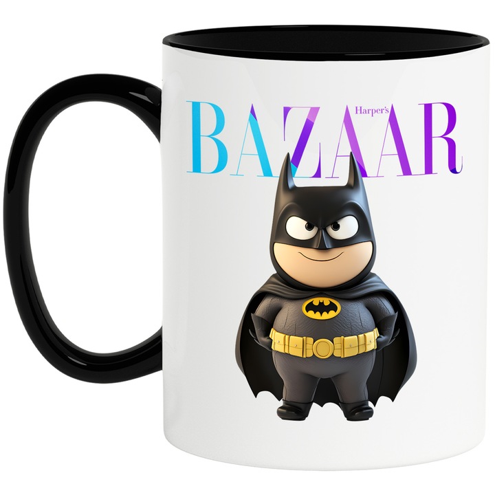Cana Cu Batman, Cu Textul "Bazaar" - Design 1, Ceramica, 330ML, Cu Maner si Interior Negru