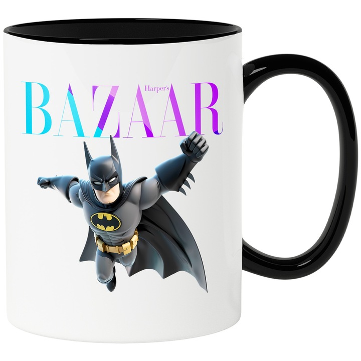 Cana Cu Batman, Cu Textul "Bazaar" - Design 5, Ceramica, 330ML, Cu Maner si Interior Negru