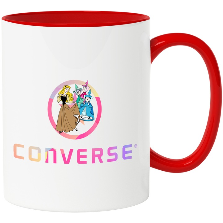 Cana Cu Frumoasa Adormita, Cu Textul "Converse" - Design 3, Ceramica, 330ML, Cu Maner si Interior Rosu