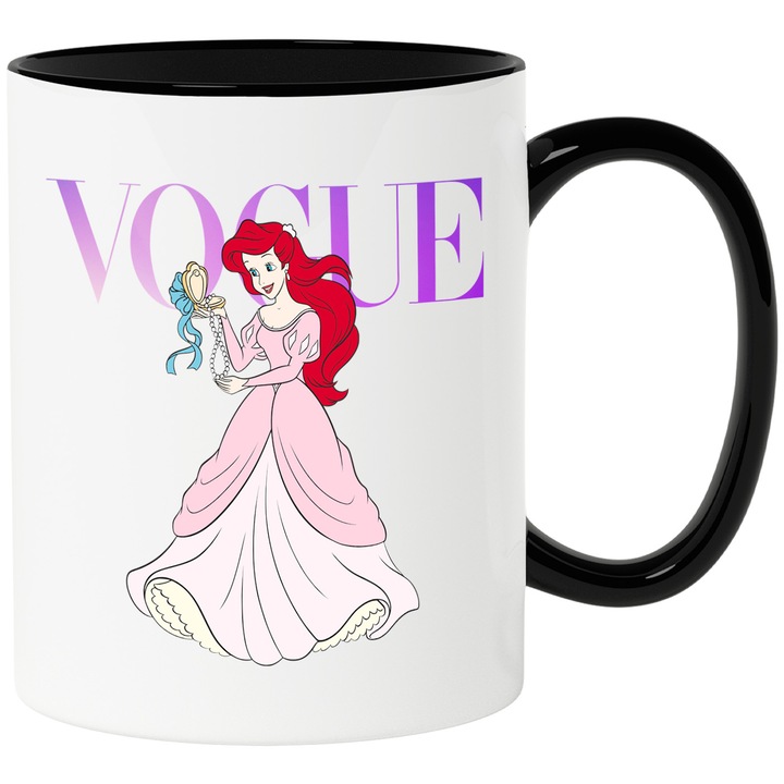 Cana Cu Ariel, Cu Textul "Vogue" - Design 1, Ceramica, 330ML, Cu Maner si Interior Negru