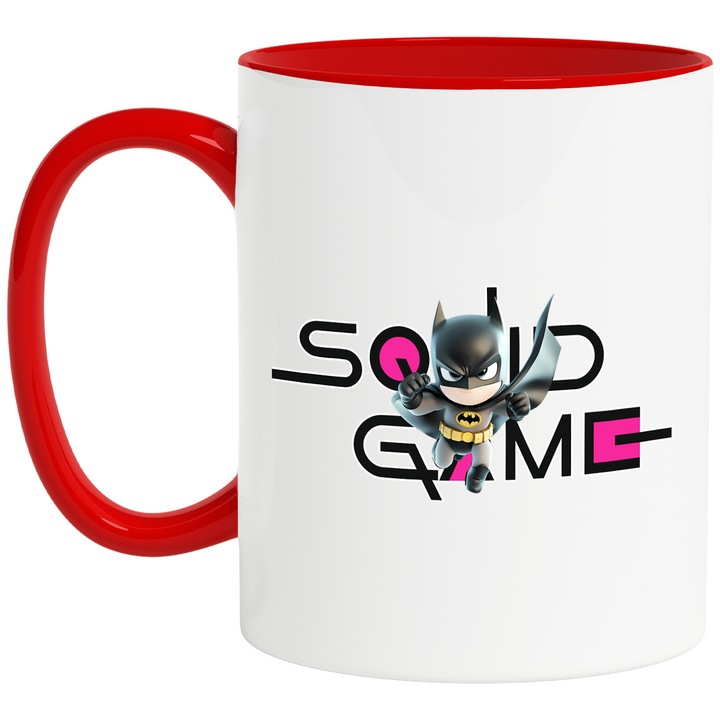 Cana Cu Batman, Cu Textul "Squid Game" - Design 6, Ceramica, 330ML, Cu Maner si Interior Rosu