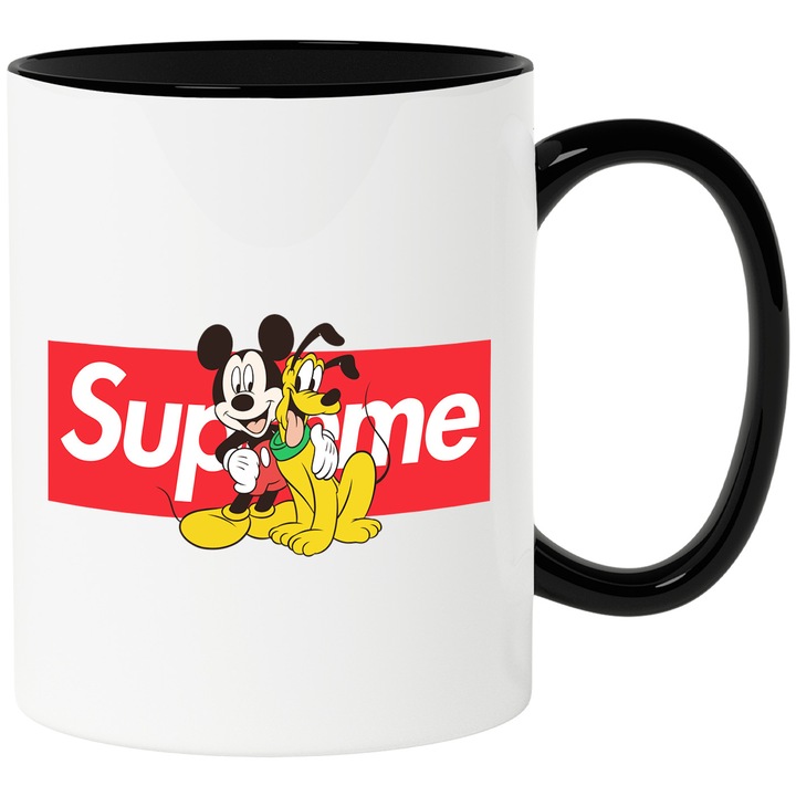 Cana Cu Mickey si Minnie, Cu Textul "Supreme" - Design 77, Ceramica, 330ML, Cu Maner si Interior Negru