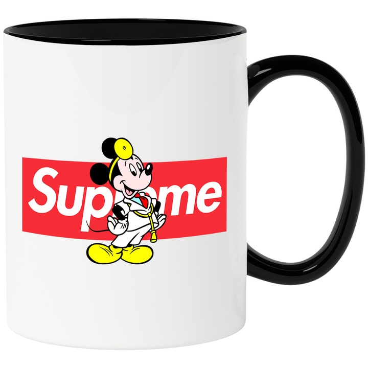 Cana Cu Mickey si Minnie, Cu Textul "Supreme" - Design 53, Ceramica, 330ML, Cu Maner si Interior Negru