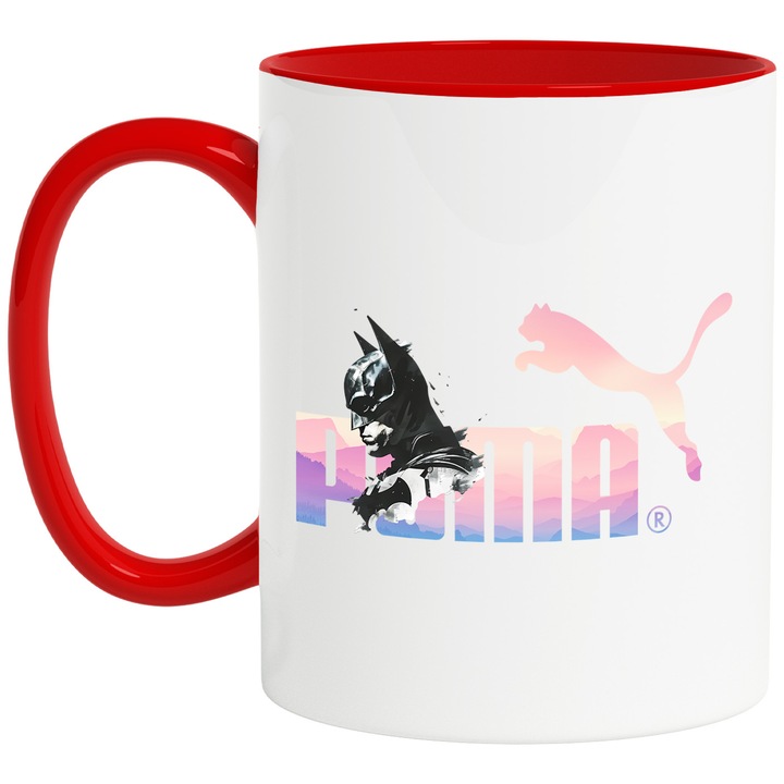 Cana Cu Batman, Cu Textul "Puma" - Design 2, Ceramica, 330ML, Cu Maner si Interior Rosu