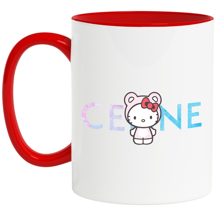Cana Cu Hello Kitty, Cu Textul "Celine" - Design 1, Ceramica, 330ML, Cu Maner si Interior Rosu