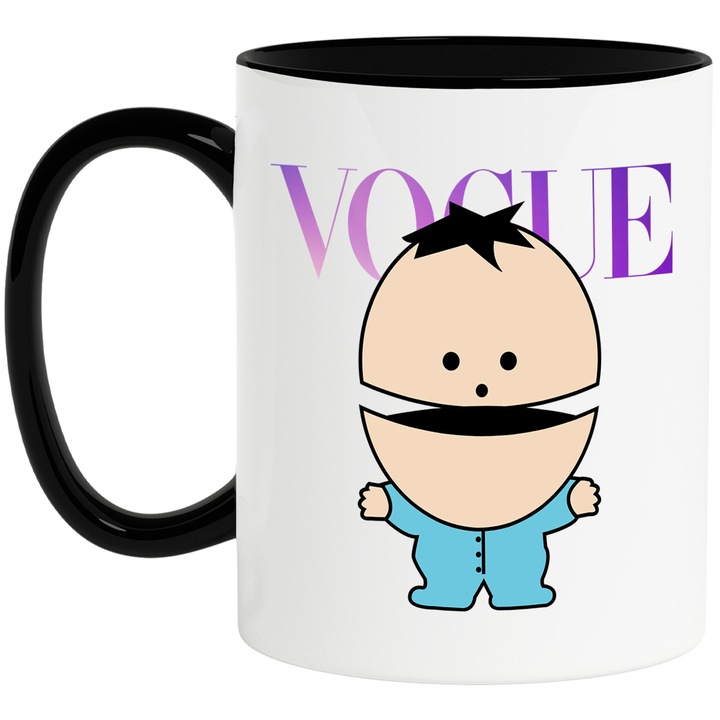 Cana Cu Southpark, Cu Textul "Vogue" - Design 6, Ceramica, 330ML, Cu Maner si Interior Negru