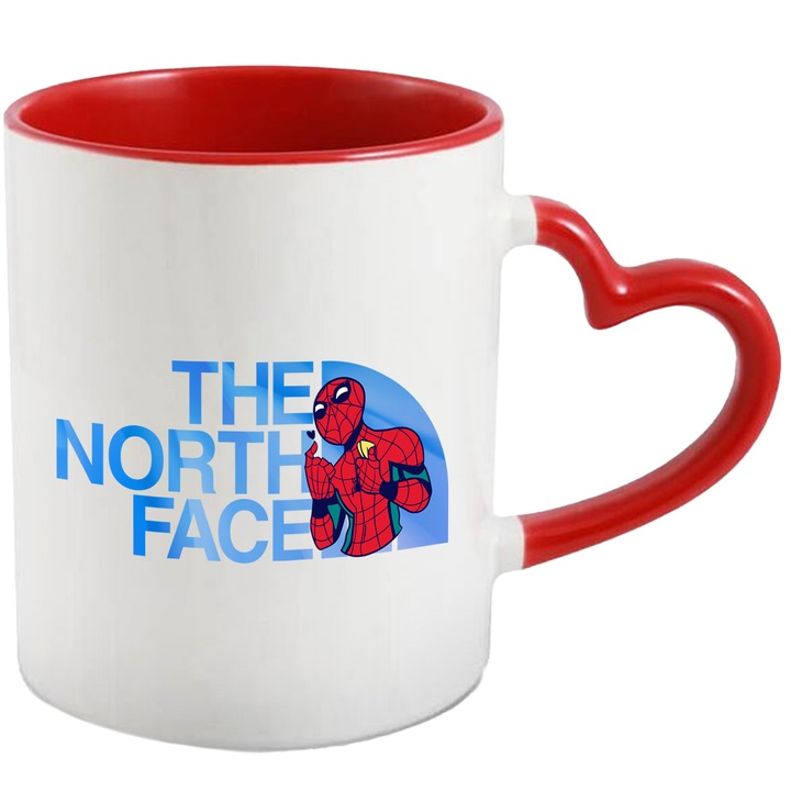 Cana Cu SpiderMan, Cu Textul "The North Face" - Design 3, Ceramica, 330ML, Cu Maner Inima Rosie si Interior Rosu