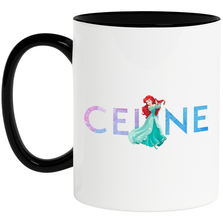 Cana Cu Ariel, Cu Textul "Celine" - Design 3, Ceramica, 330ML, Cu Maner si Interior Negru