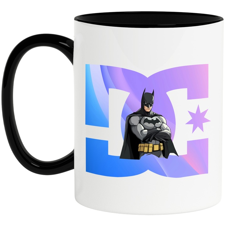 Cana Cu Batman, Cu Textul "DC" - Design 4, Ceramica, 330ML, Cu Maner si Interior Negru