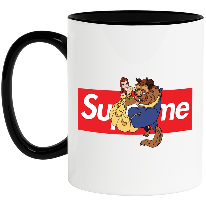 Cana Cu Frumoasa si bestia, Cu Textul "Supreme" - Design 2, Ceramica, 330ML, Cu Maner si Interior Negru