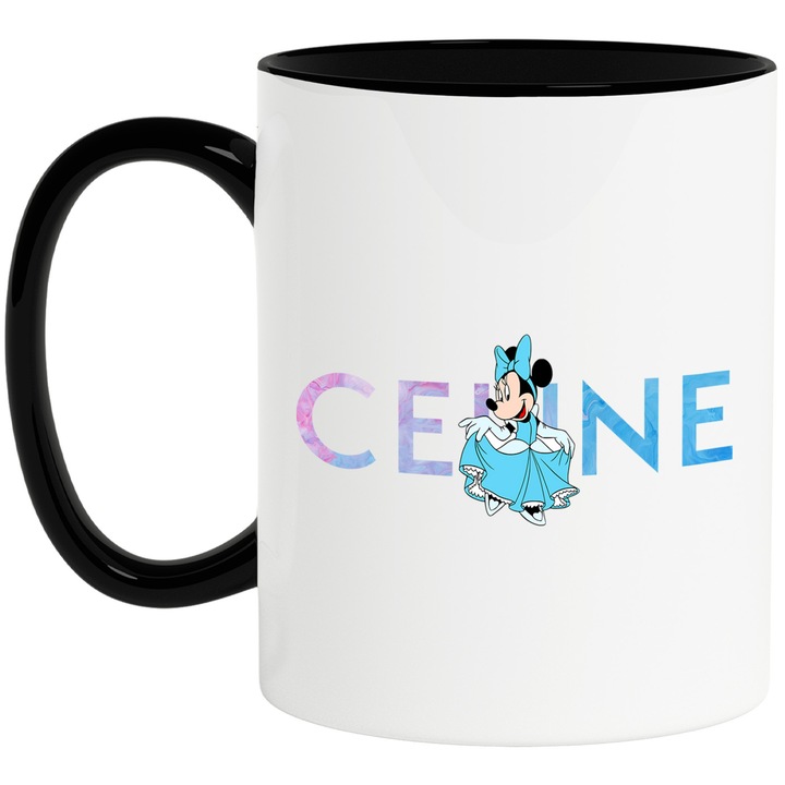 Cana Cu Mickey si Minnie, Cu Textul "Celine" - Design 32, Ceramica, 330ML, Cu Maner si Interior Negru