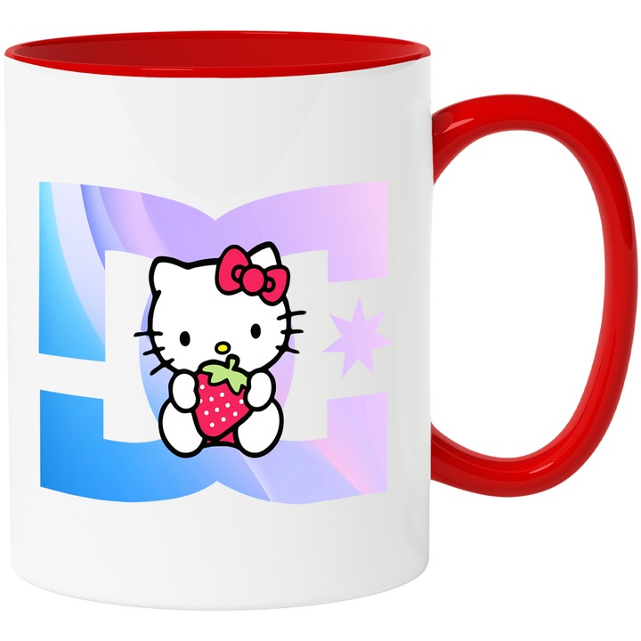 Cana Cu Hello Kitty, Cu Textul "DC" - Design 2, Ceramica, 330ML, Cu Maner si Interior Rosu