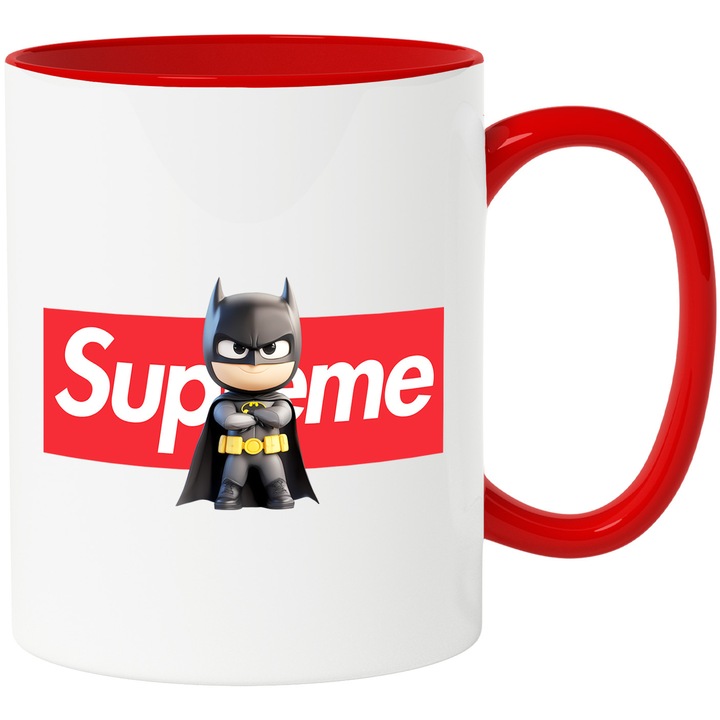 Cana Cu Batman, Cu Textul "Supreme" - Design 8, Ceramica, 330ML, Cu Maner si Interior Rosu