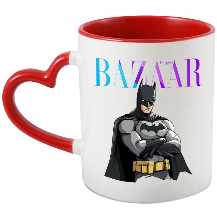 Cana Cu Batman, Cu Textul "Bazaar" - Design 4, Ceramica, 330ML, Cu Maner Inima Rosie si Interior Rosu