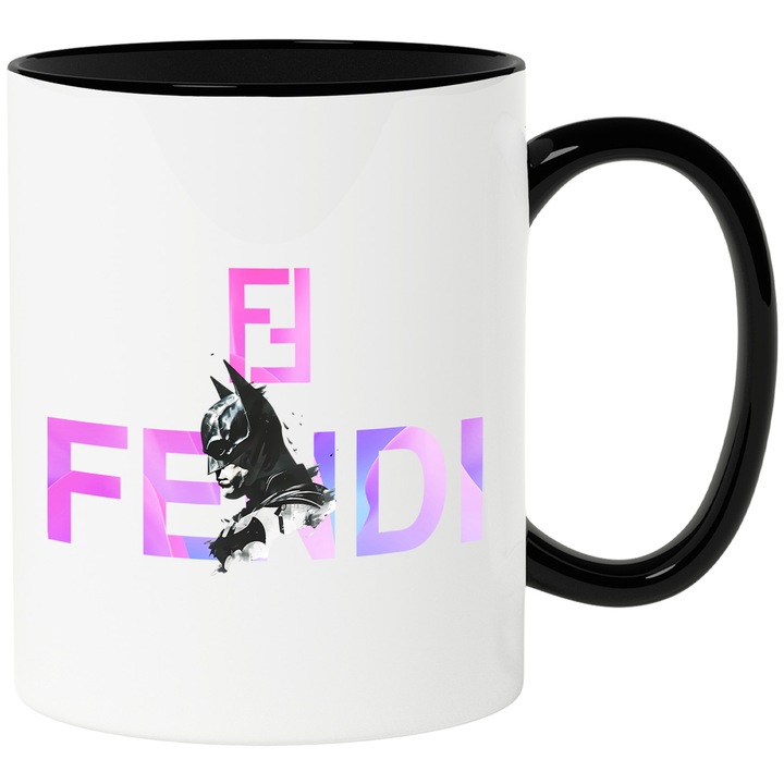Cana Cu Batman, Cu Textul "Fendi" - Design 2, Ceramica, 330ML, Cu Maner si Interior Negru