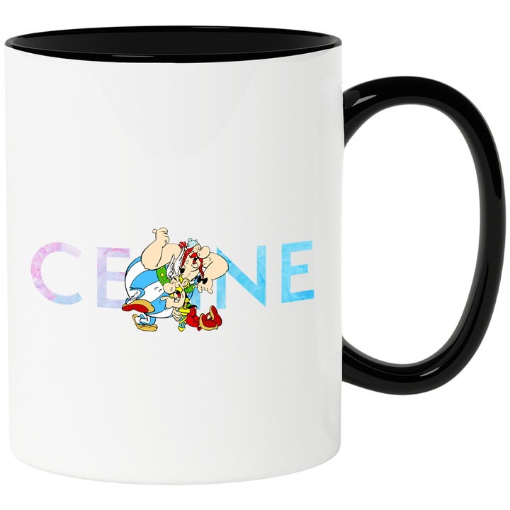 Cana Cu Asterix si Obelix, Cu Textul "Celine" - Design 1, Ceramica, 330ML, Cu Maner si Interior Negru