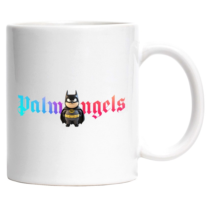 Cana Cu Batman, Cu Textul "Palms Angels" - Design 1, Ceramica, 330ML, Cu Maner si Interior Alb