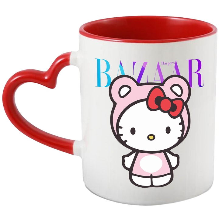 Cana Cu Hello Kitty, Cu Textul "Bazaar" - Design 1, Ceramica, 330ML, Cu Maner Inima Rosie si Interior Rosu