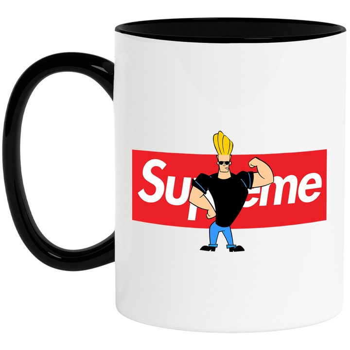 Cana Cu Johny Bravo, Cu Textul "Supreme" - Design 7, Ceramica, 330ML, Cu Maner si Interior Negru