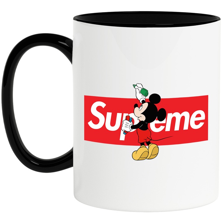 Cana Cu Mickey si Minnie, Cu Textul "Supreme" - Design 61, Ceramica, 330ML, Cu Maner si Interior Negru