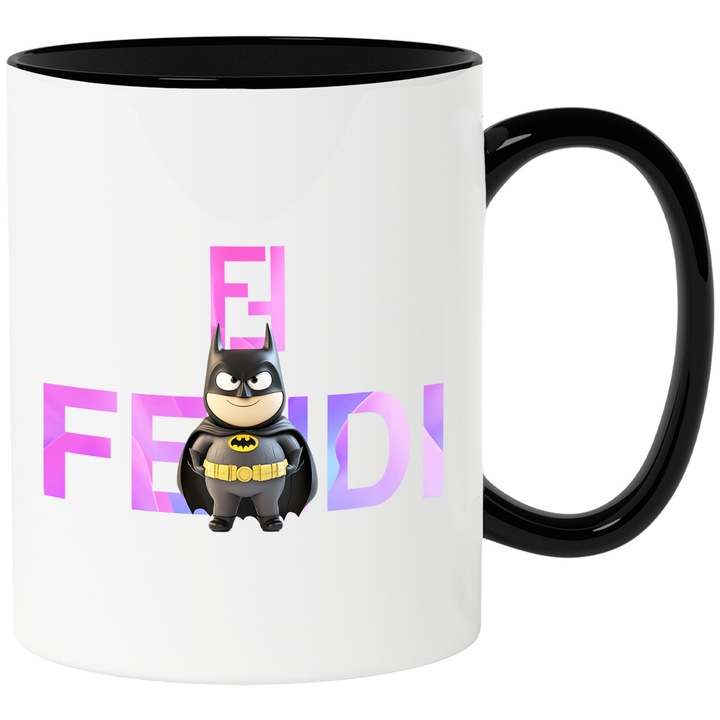 Cana Cu Batman, Cu Textul "Fendi" - Design 1, Ceramica, 330ML, Cu Maner si Interior Negru