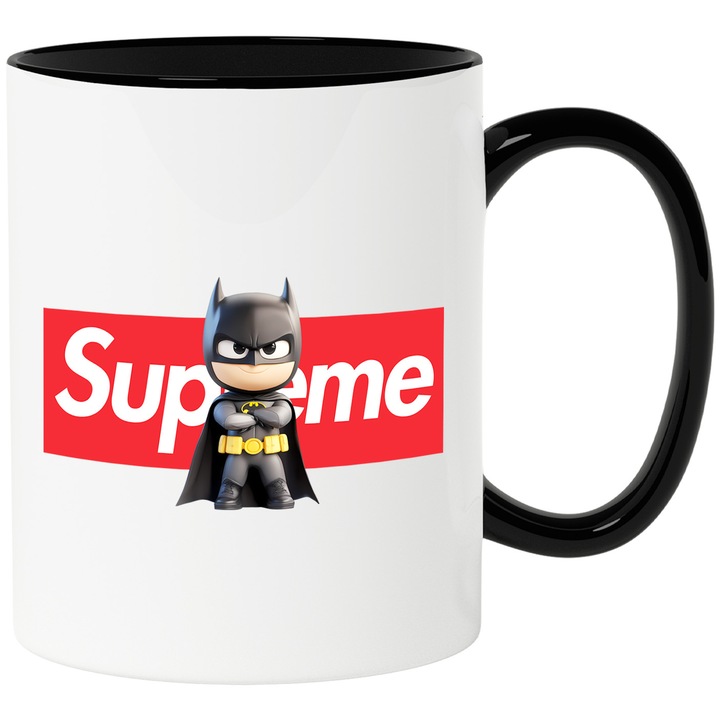 Cana Cu Batman, Cu Textul "Supreme" - Design 8, Ceramica, 330ML, Cu Maner si Interior Negru