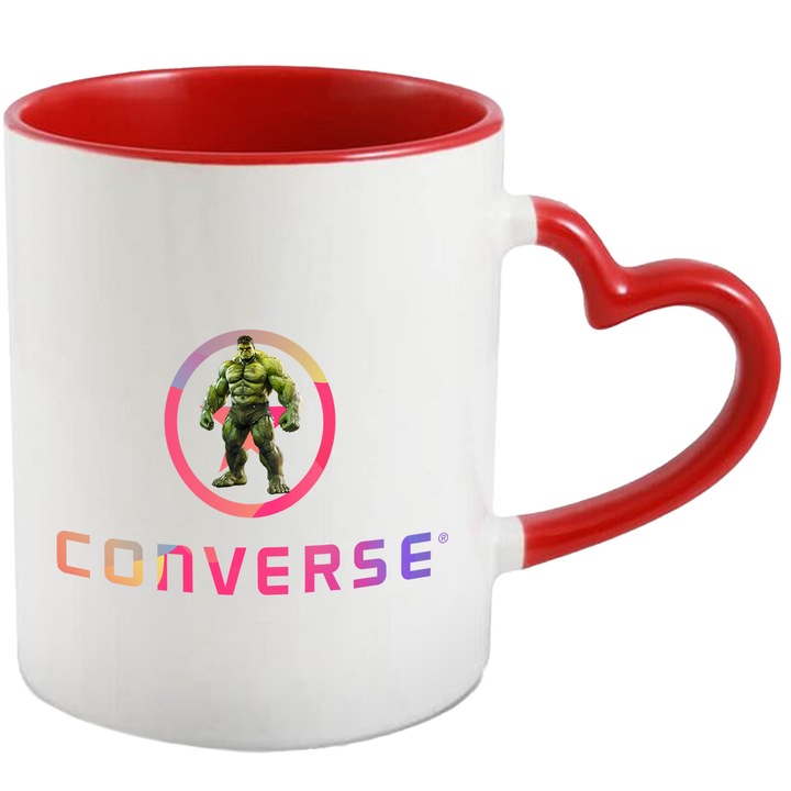 Cana Cu Hulk, Cu Textul "Converse" - Design 3, Ceramica, 330ML, Cu Maner Inima Rosie si Interior Rosu