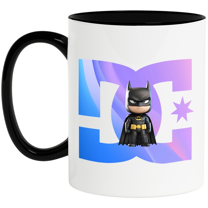 Cana Cu Batman, Cu Textul "DC" - Design 3, Ceramica, 330ML, Cu Maner si Interior Negru