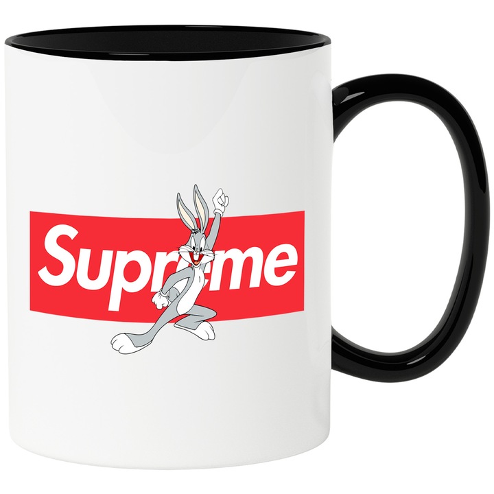 Cana Cu Bugs Bunny, Cu Textul "Supreme" - Design 26, Ceramica, 330ML, Cu Maner si Interior Negru
