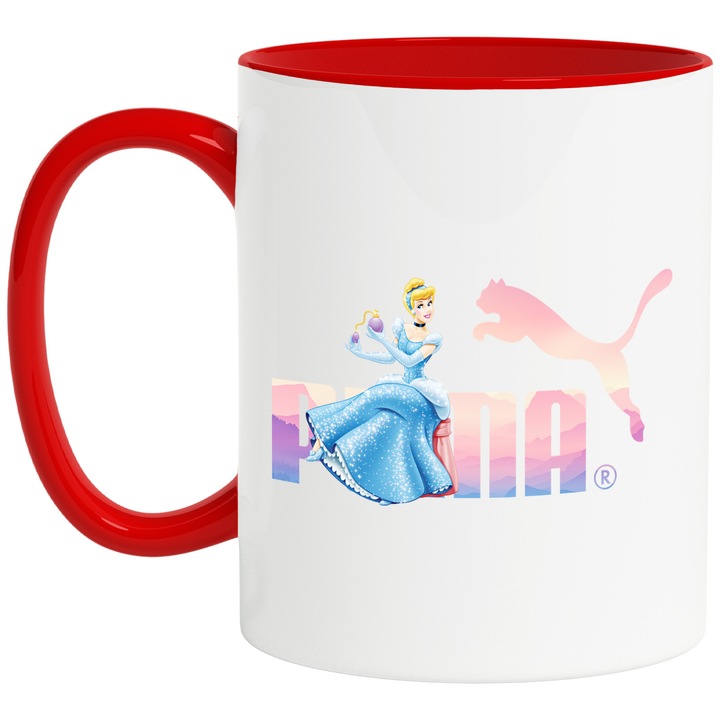 Cana Cu Cenusareasa, Cu Textul "Puma" - Design 1, Ceramica, 330ML, Cu Maner si Interior Rosu
