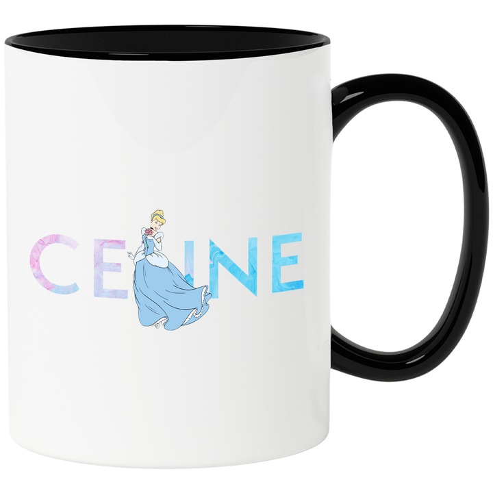 Cana Cu Cenusareasa, Cu Textul "Celine" - Design 6, Ceramica, 330ML, Cu Maner si Interior Negru