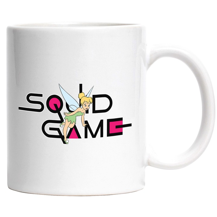 Cana Cu Clopotica, Cu Textul "Squid Game" - Design 1, Ceramica, 330ML, Cu Maner si Interior Alb