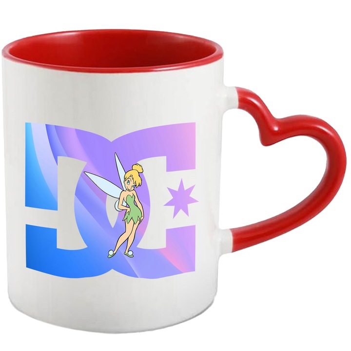 Cana Cu Clopotica, Cu Textul "DC" - Design 2, Ceramica, 330ML, Cu Maner Inima Rosie si Interior Rosu
